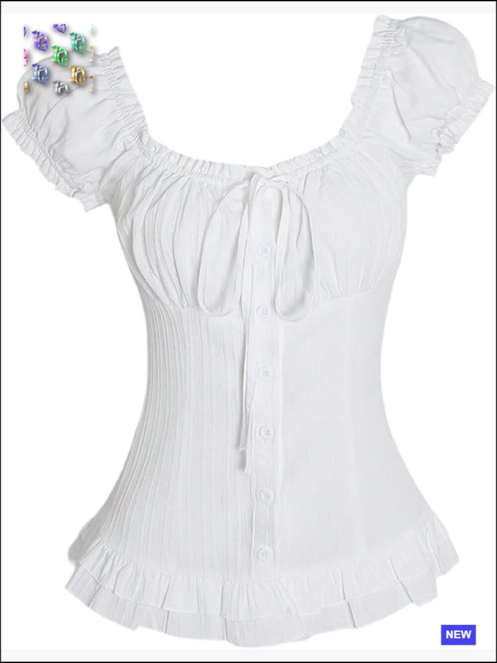 Frill Trim Button Down Shirt Tie Front Puff Sleeve Ruffle Blouse Tops